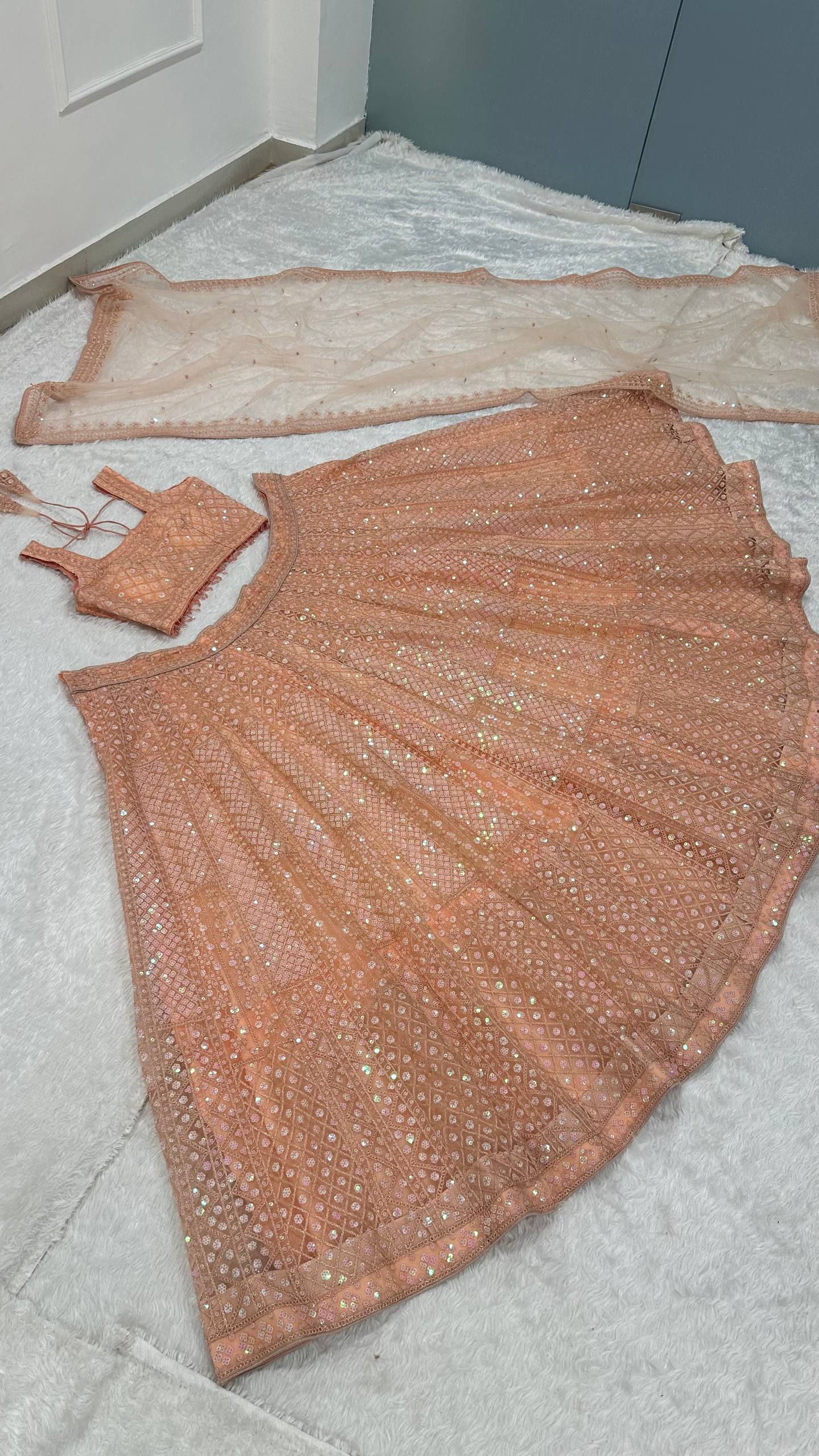 Premium Peach Net Lehenga with Sequins and Dori Work Fully Stitched