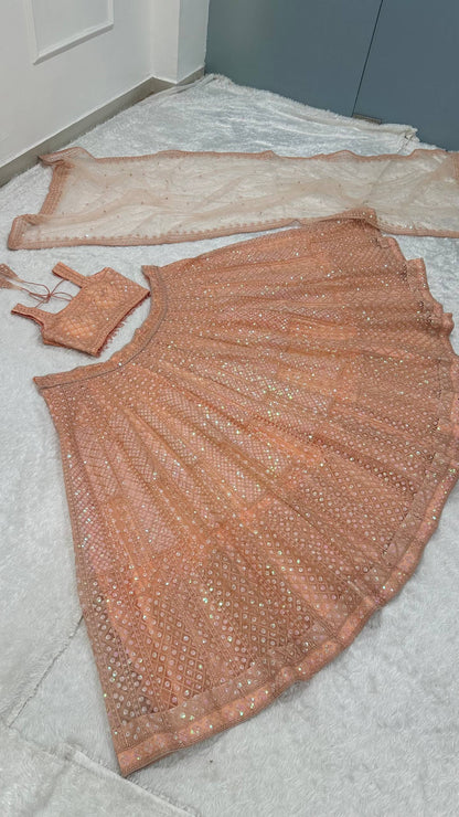 Premium Peach Net Lehenga with Sequins and Dori Work Fully Stitched