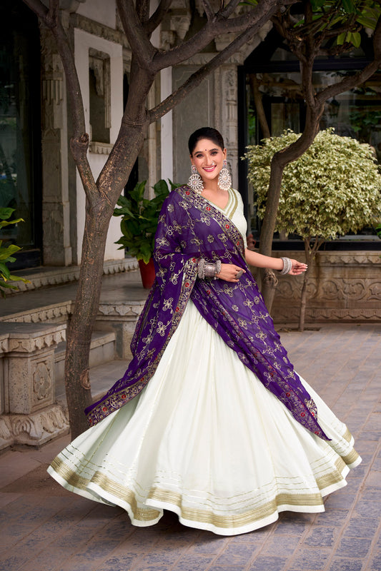Pankhudi - Premium Rayon Cotton White and Purple Chaniya Cholis Fully Stitched