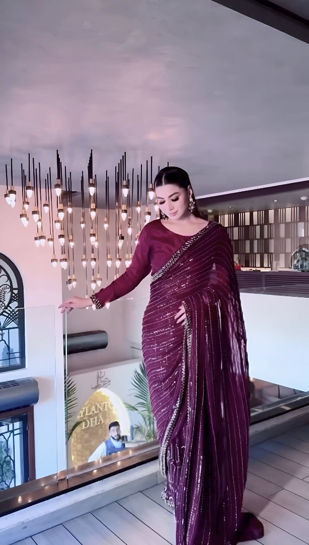 Kasturi Silk Bollywood Style Saree with Sequins Work Fully Stitched Blouse
