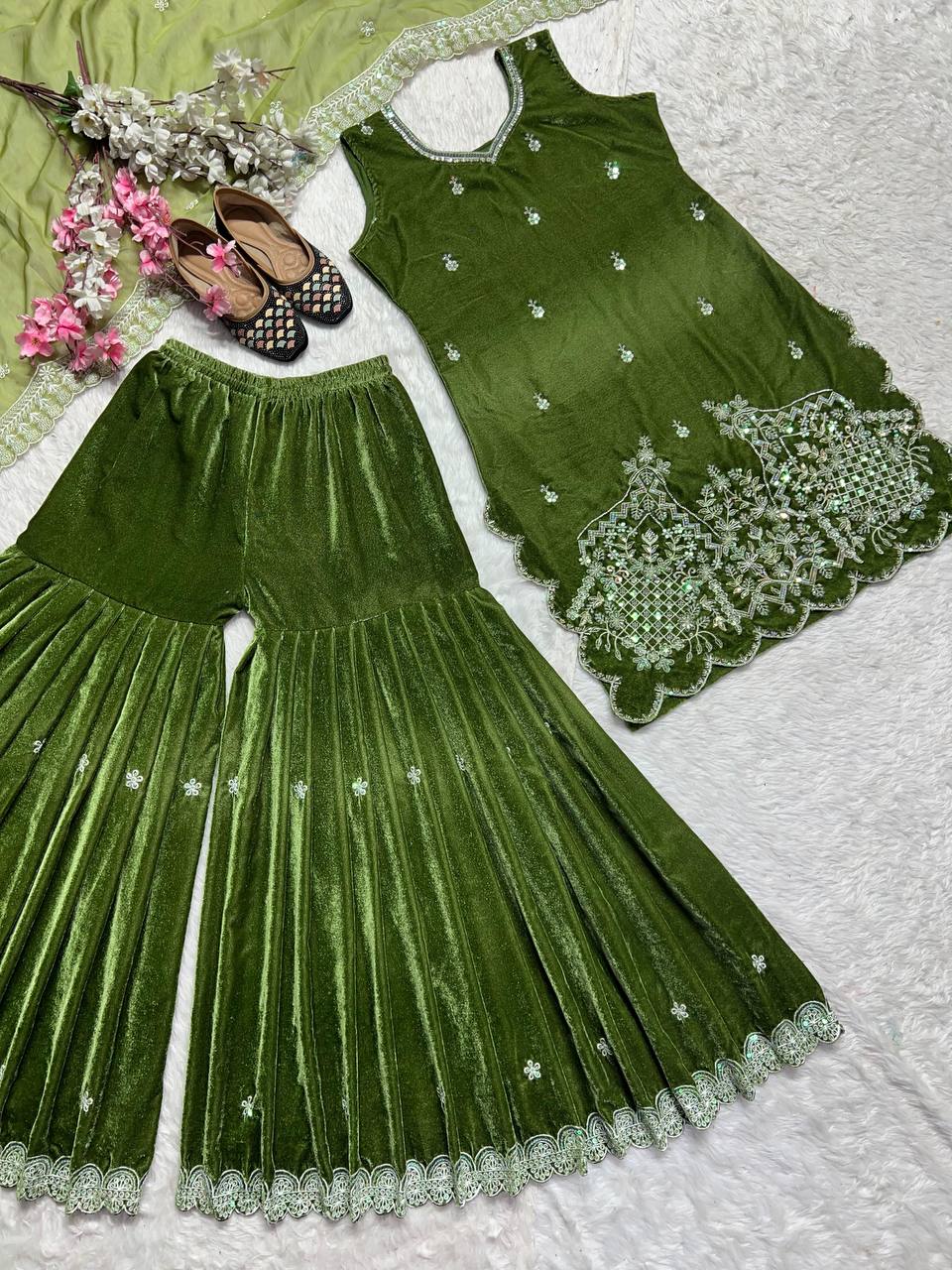 Mahendi Sharara Set fully stitched Premium Velvet fabric