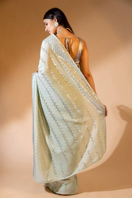 Bollywood style Pista & Black Sequence Saree with fully stitched blouse