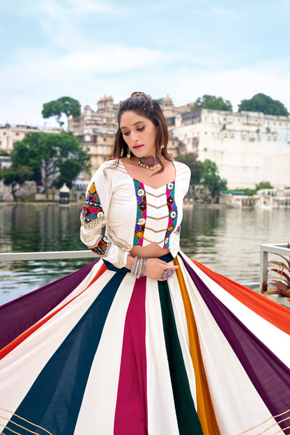 Shauryaa - Premium White Rayon Cotton Rainbow Styled Lehenga Cholis Fully Stitched