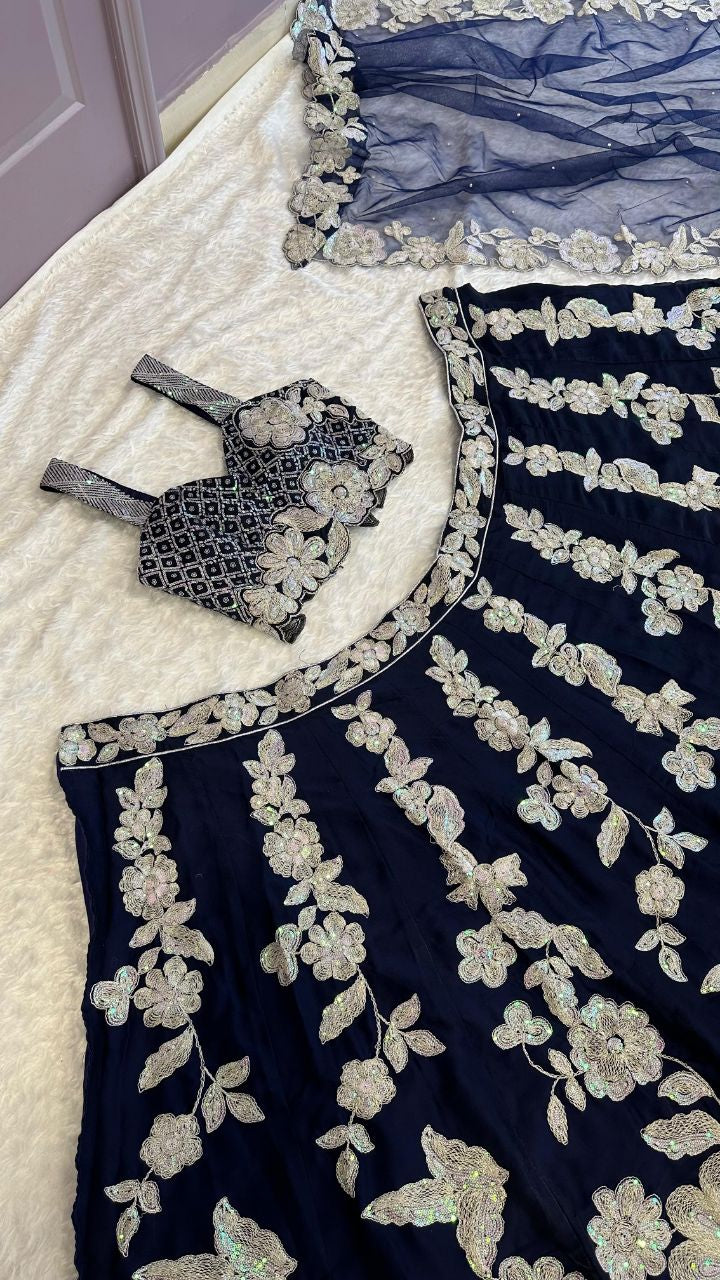 Premium navy blue georgette lehenga with heavy embroidery work fully stitched