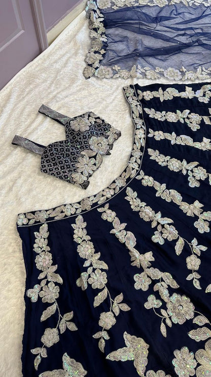 Premium navy blue georgette lehenga with heavy embroidery work fully stitched