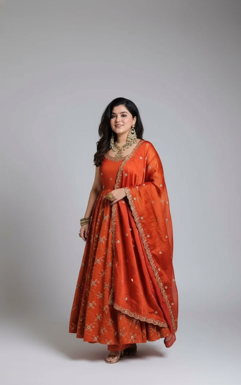 Woman in an orange traditional outfit standing in front of a mirror with a plant in the background.