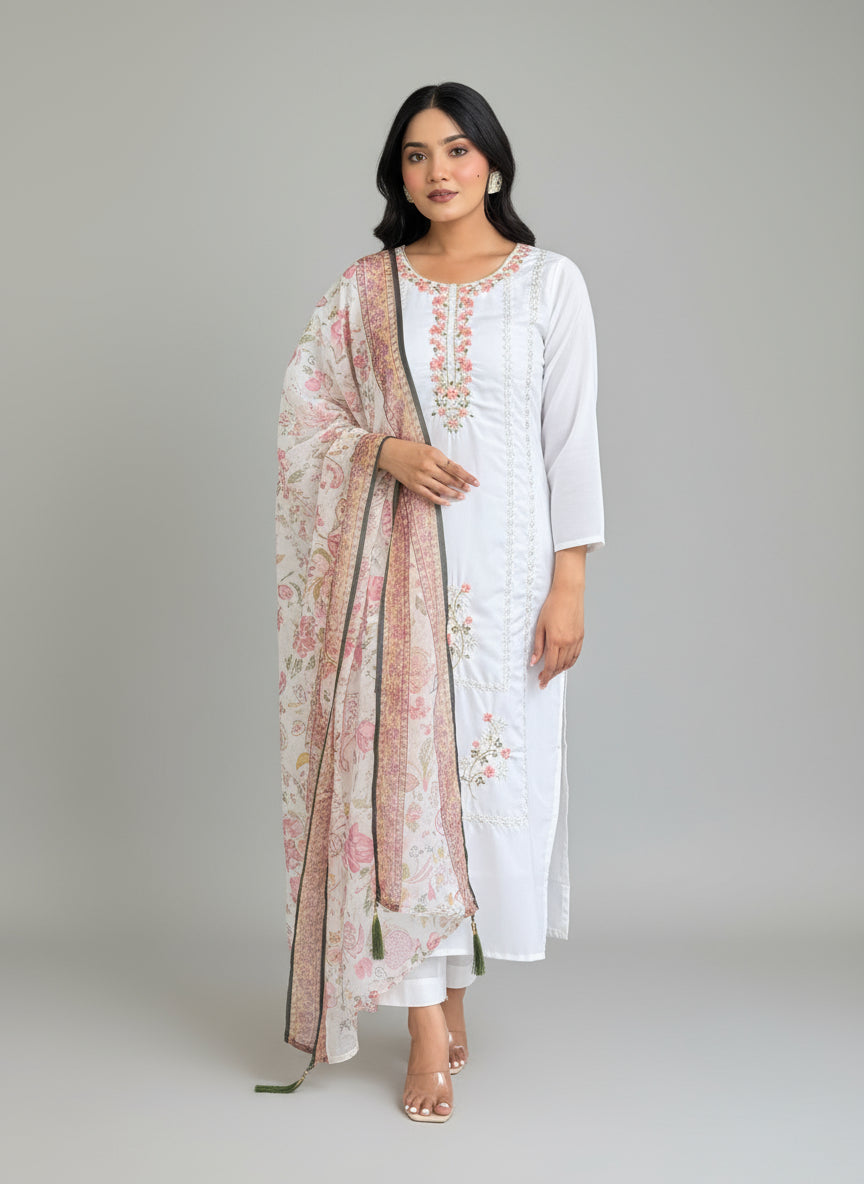 Woman in a white and pink embroidered dress standing in a room with a mirror and decorative rug.