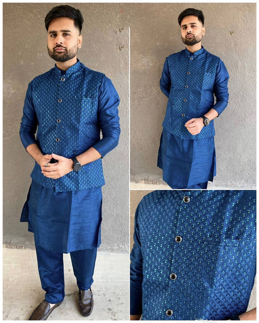 Premium Navy blue silk men's koti kurta with pajama