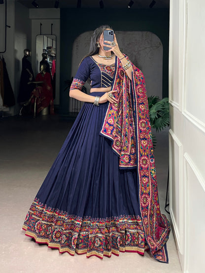 Gamthi Print and Embossed Lace Silk Chaniya Cholis for Navratri Fully Stitched