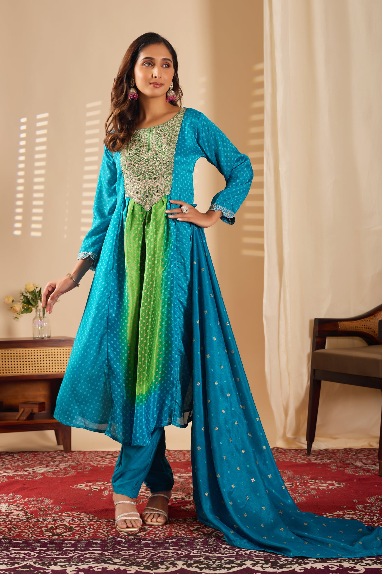 Premium Pista & Sea Blue Chinon Silk Kurti Set with Beautiful Embroidery