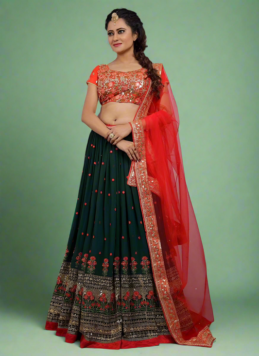 Green & Red Beautifully Embroidered Fully Stitched Lehenga