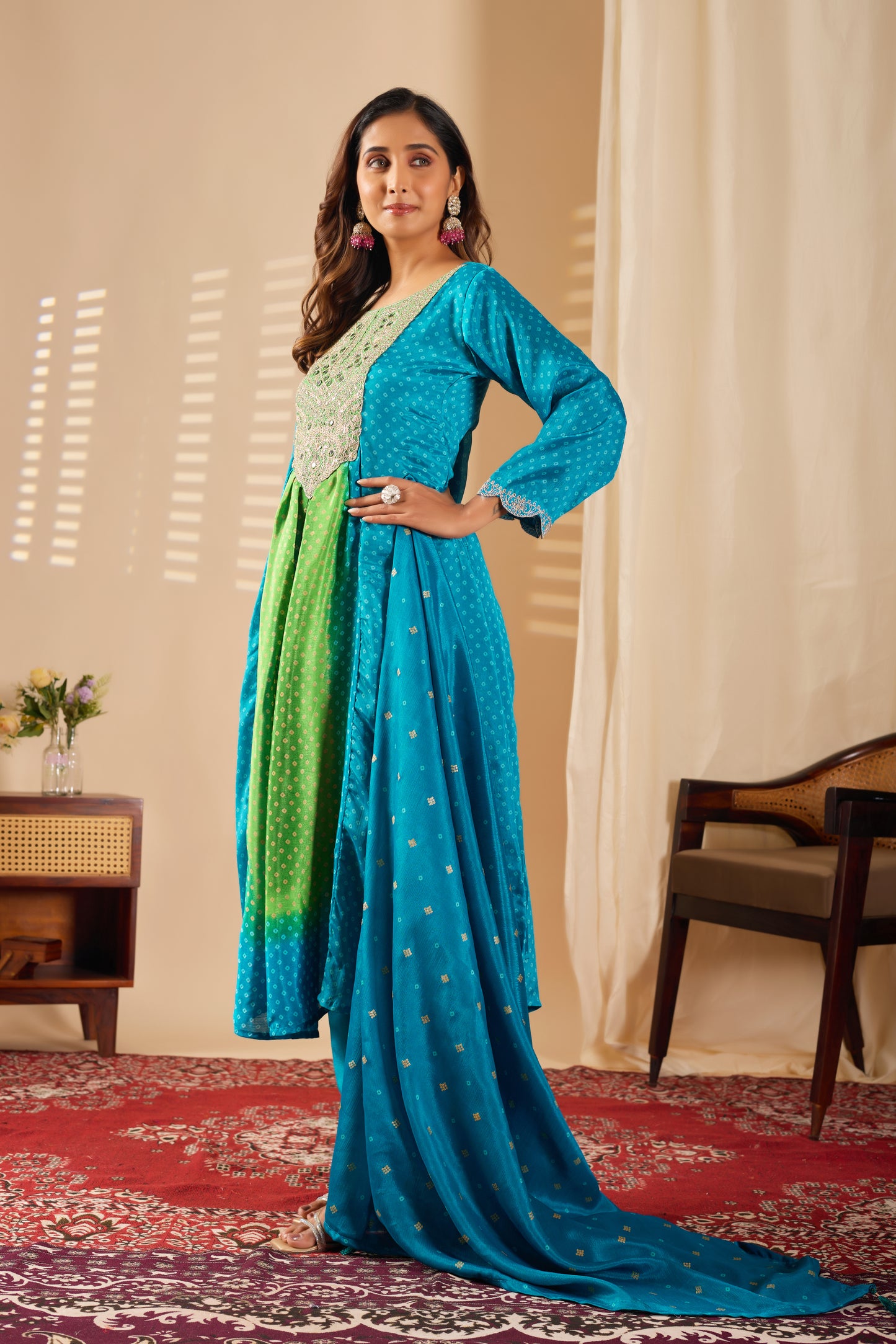 Premium Pista & Sea Blue Chinon Silk Kurti Set with Beautiful Embroidery