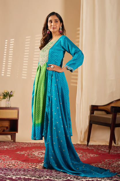 Premium Pista & Sea Blue Chinon Silk Kurti Set with Beautiful Embroidery