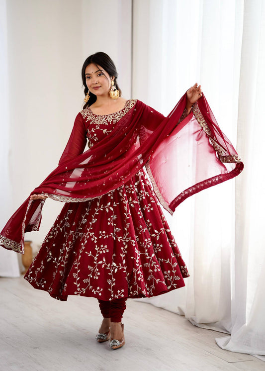 Preeva - Cherry 🍒 Pink  Soft Georgette with Full Embroidery Gown Fully Stitched