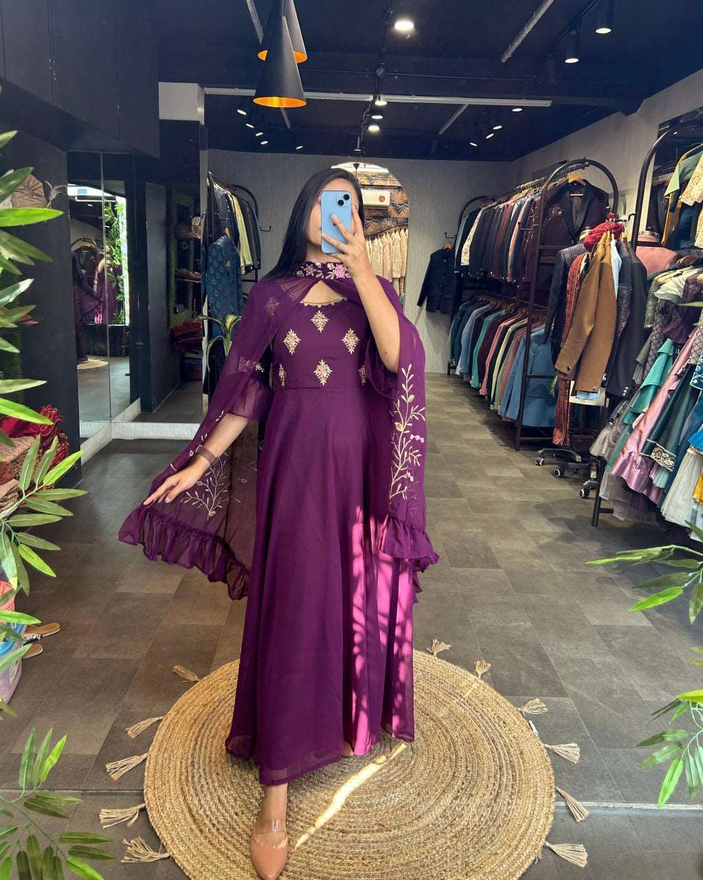 Beautiful wine colour gown with shrug fully stitched