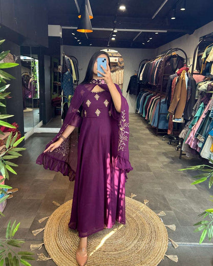 Beautiful wine colour gown with shrug fully stitched