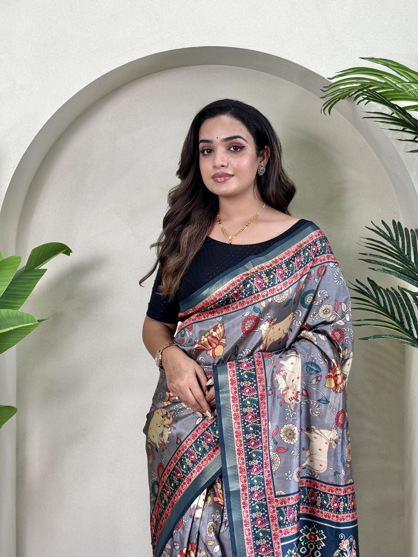 Ramya - Beautiful Dola Silk Printed Saree with Stitched Blouse Options