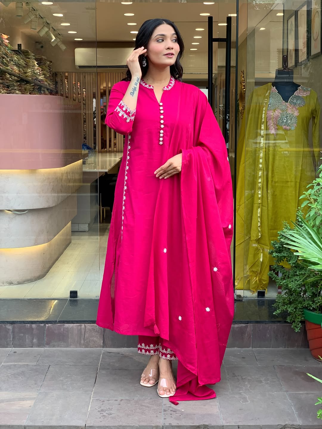 Rani Pink Soft Chanderi Minimal Kurti Set Fully Stitched