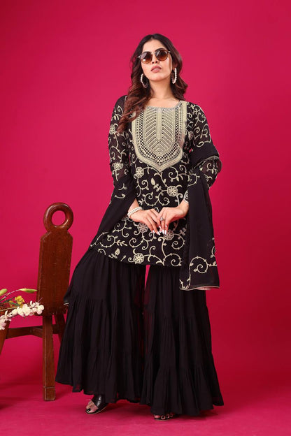 Soft Georgette Black Sharara Set Fully Stitched