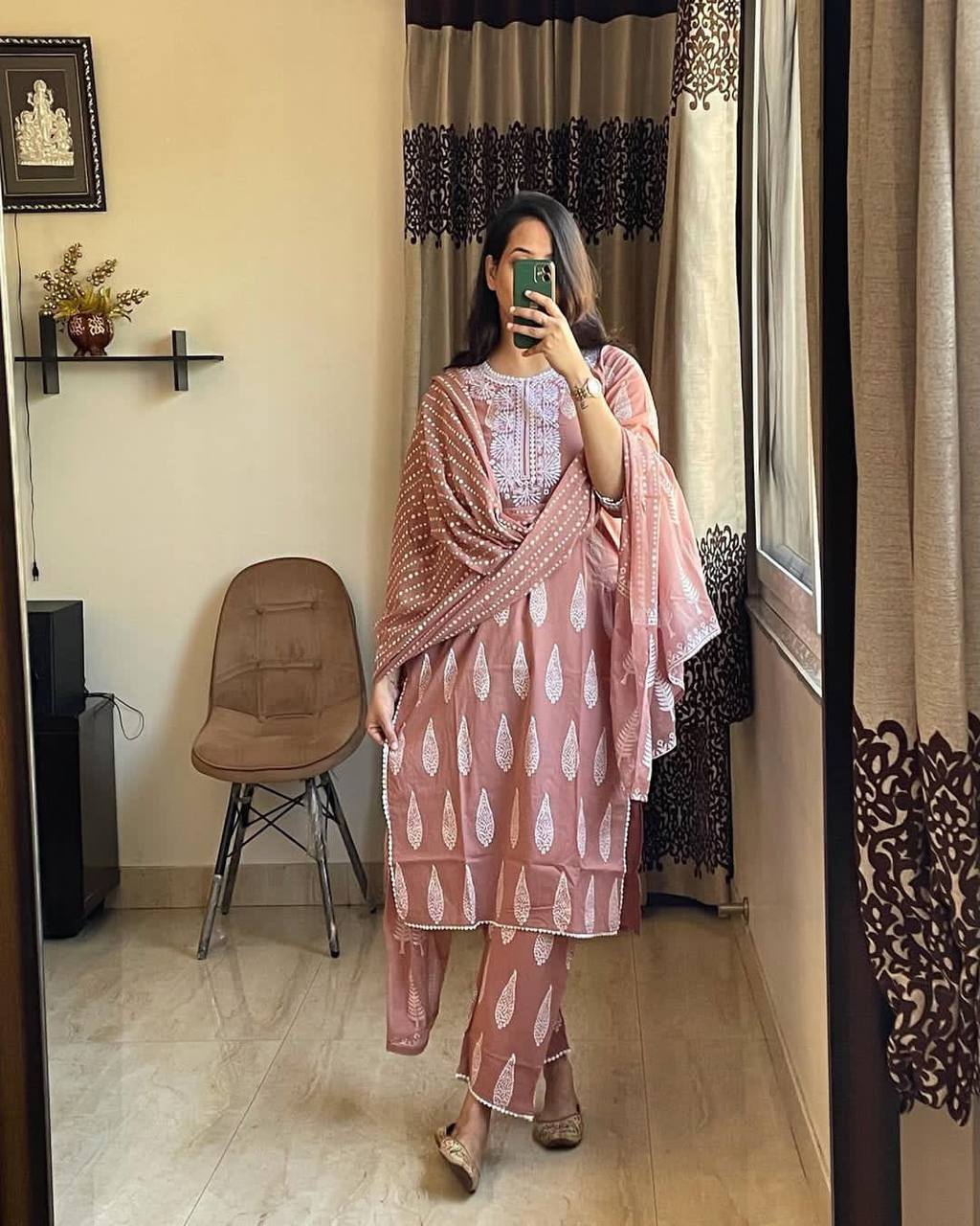 Pastel Peach soft cotton suit with pant and dupatta