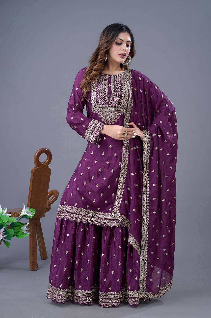 Embroidered & Butti Work Purple Sharara Set Fully Stitched