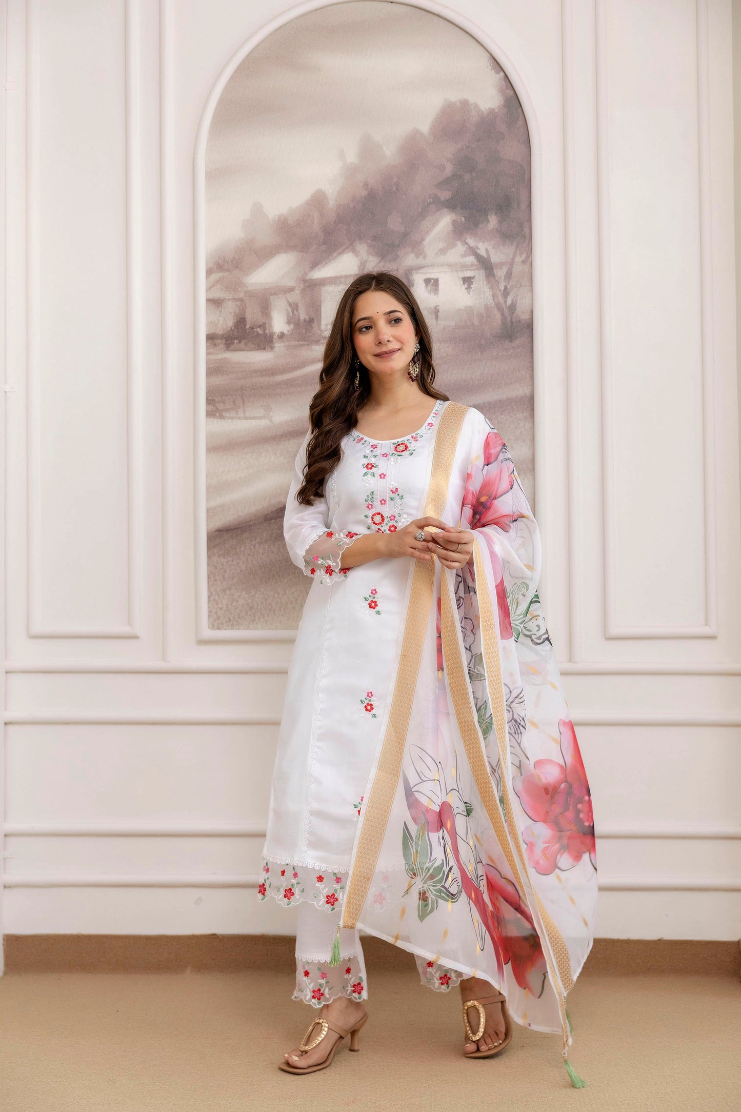 Soft Chanderi Silk White Fully Stitched Kurti Set