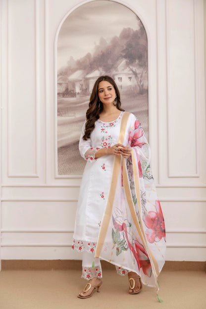 Soft Chanderi Silk White Fully Stitched Kurti Set