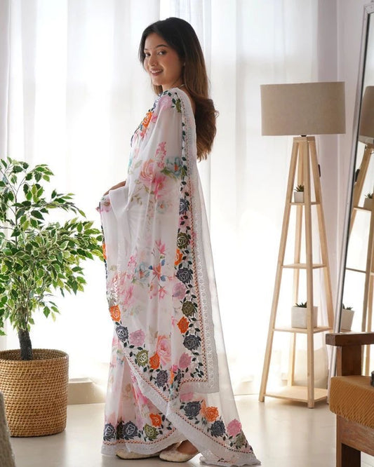Premium Georgette floral saree with fully stitched blouse