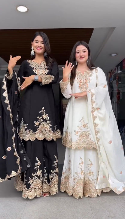 Premium Black or White Embroidered Fully Stitched Sharara Set in Readymade Sizes