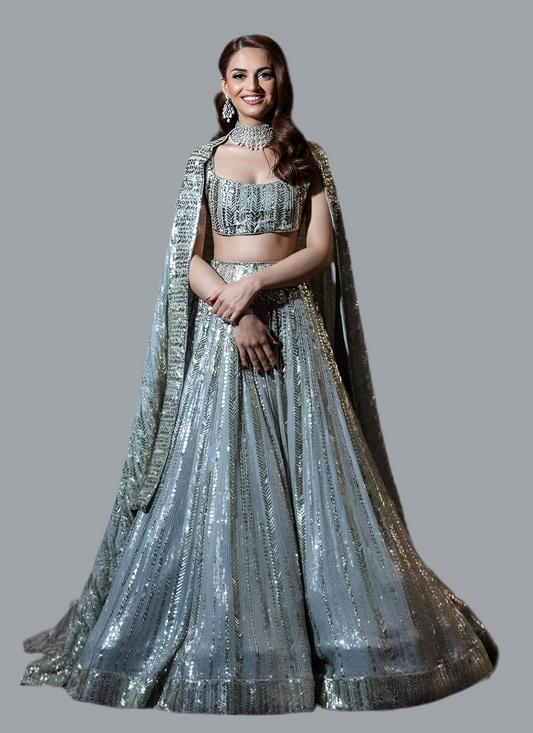 Metallic Grey Sparkling Sequins Fully Stitched Lehenga