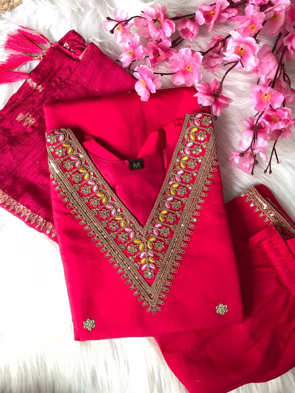 Rani Pink Premium Suit with Pant and Dupatta