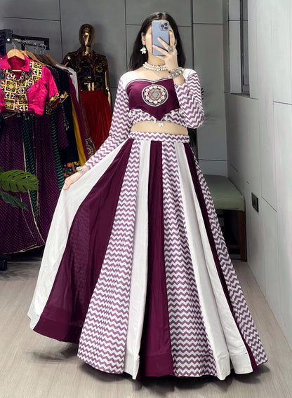 Beautiful Stripe Pattern Pure Cotton Wine and White Navratri Chaniya Choli Fully Stitched