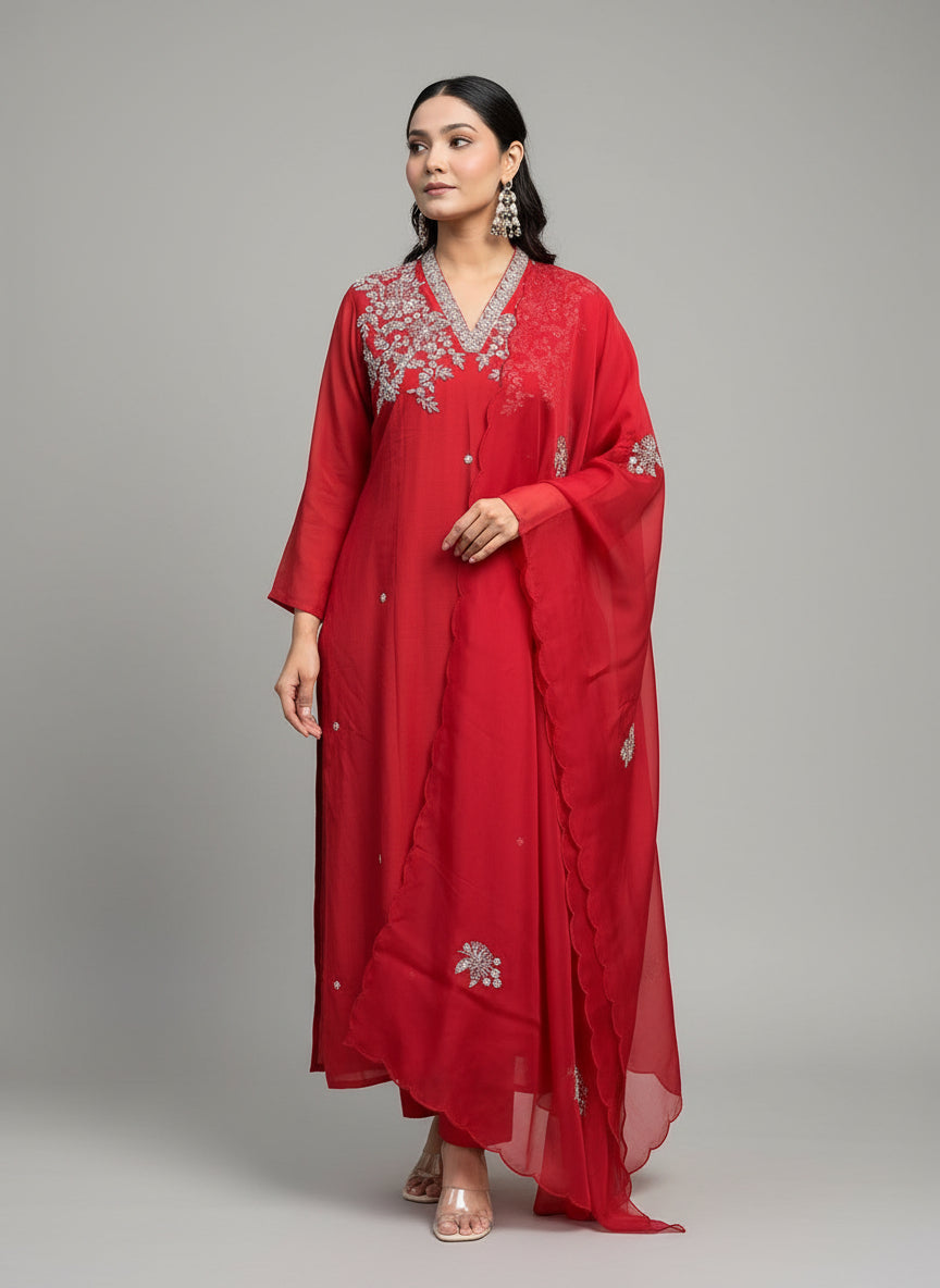 Woman in a red traditional outfit with white embroidery standing in front of a store entrance.