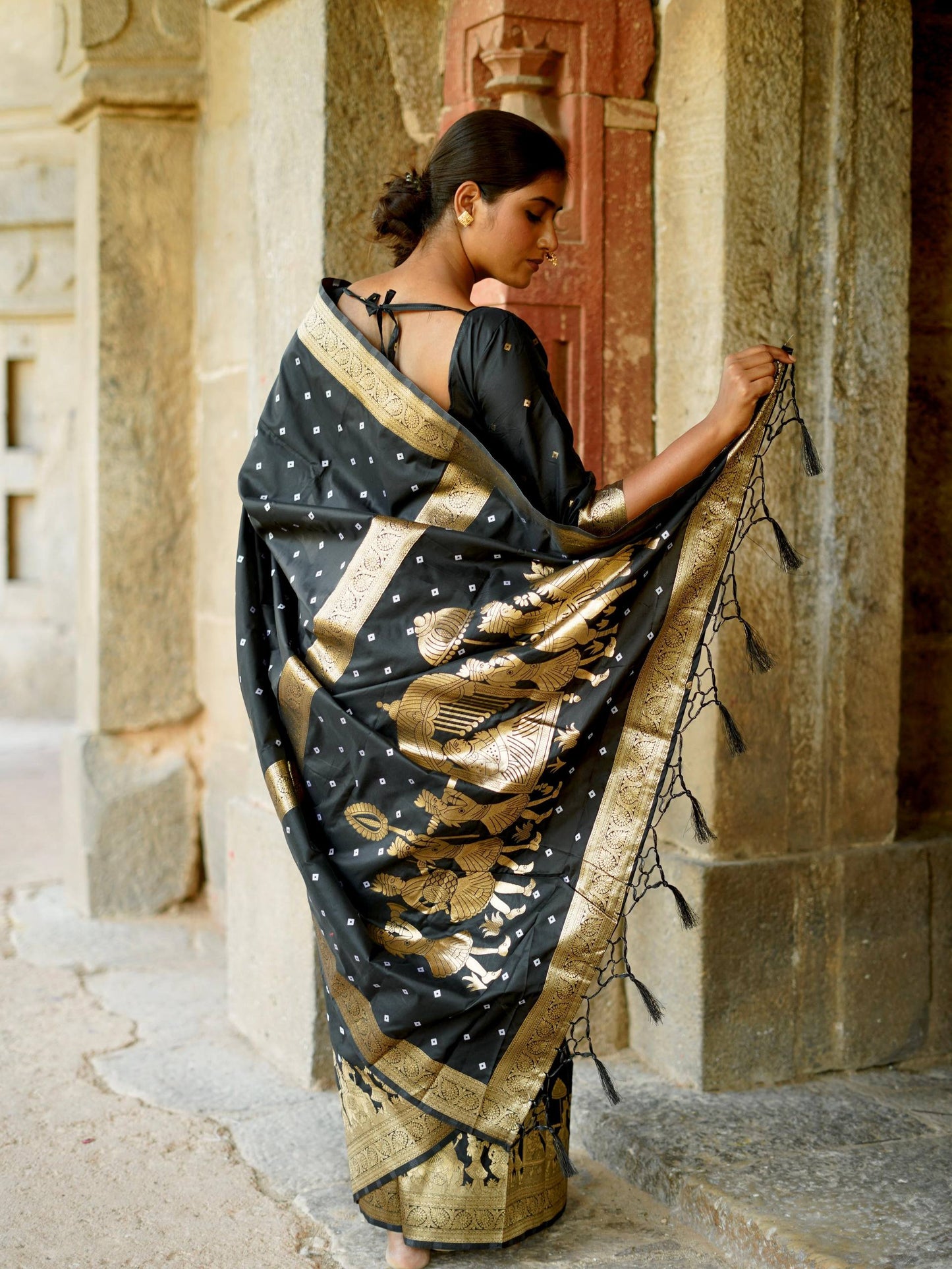 Apsara - Soft Silk with Hand Bandhej Pattern Gold Border Paithani Saree with Stitched Blouse Options