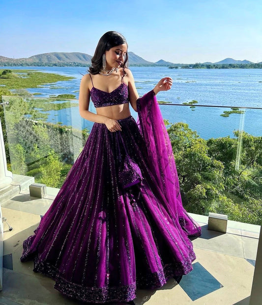 Purple & Wine Beautiful Net Lehenga with Premium Sequins and Dori Work Fully Stitched