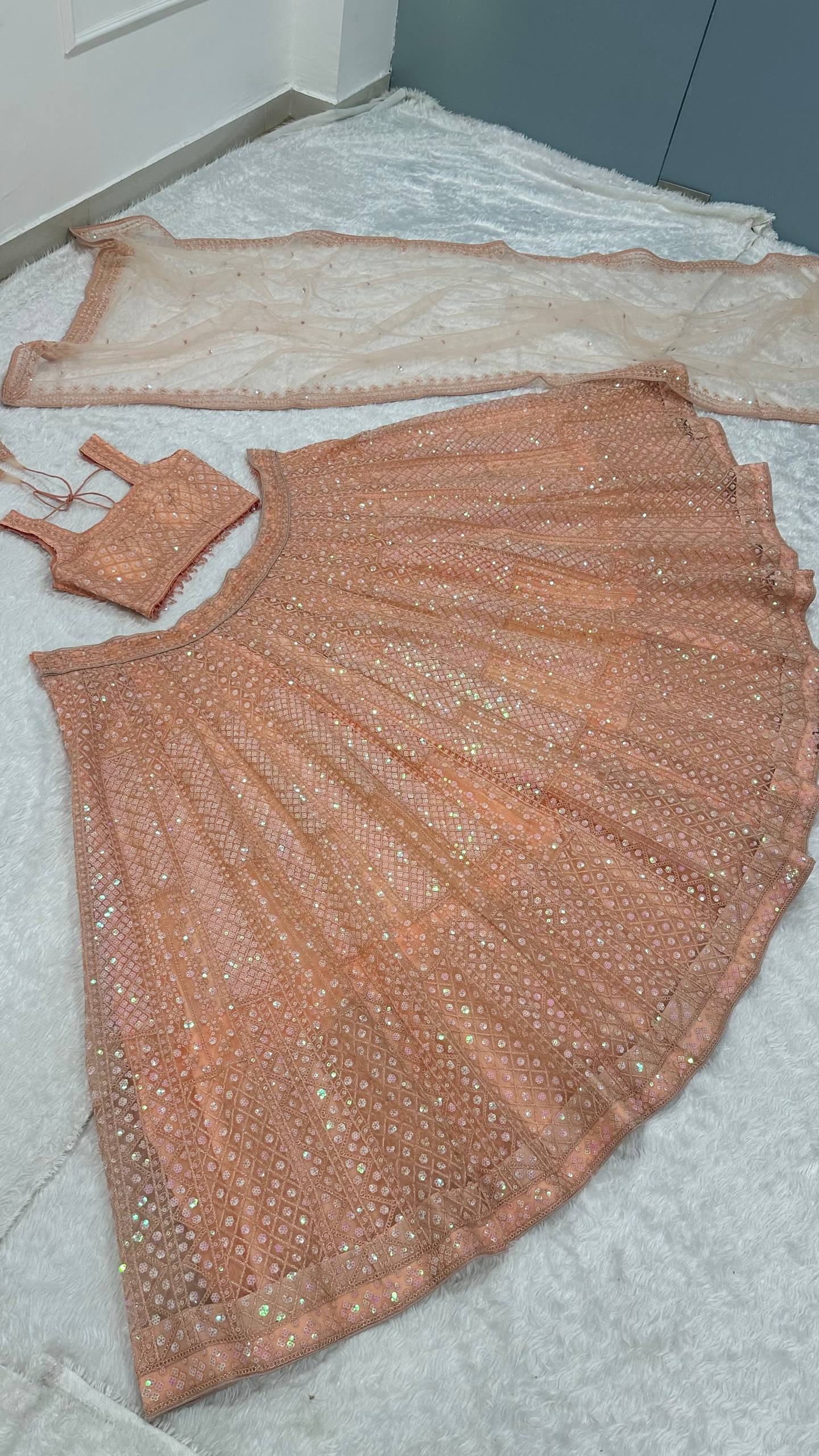 Premium Peach Net Lehenga with Sequins and Dori Work Fully Stitched