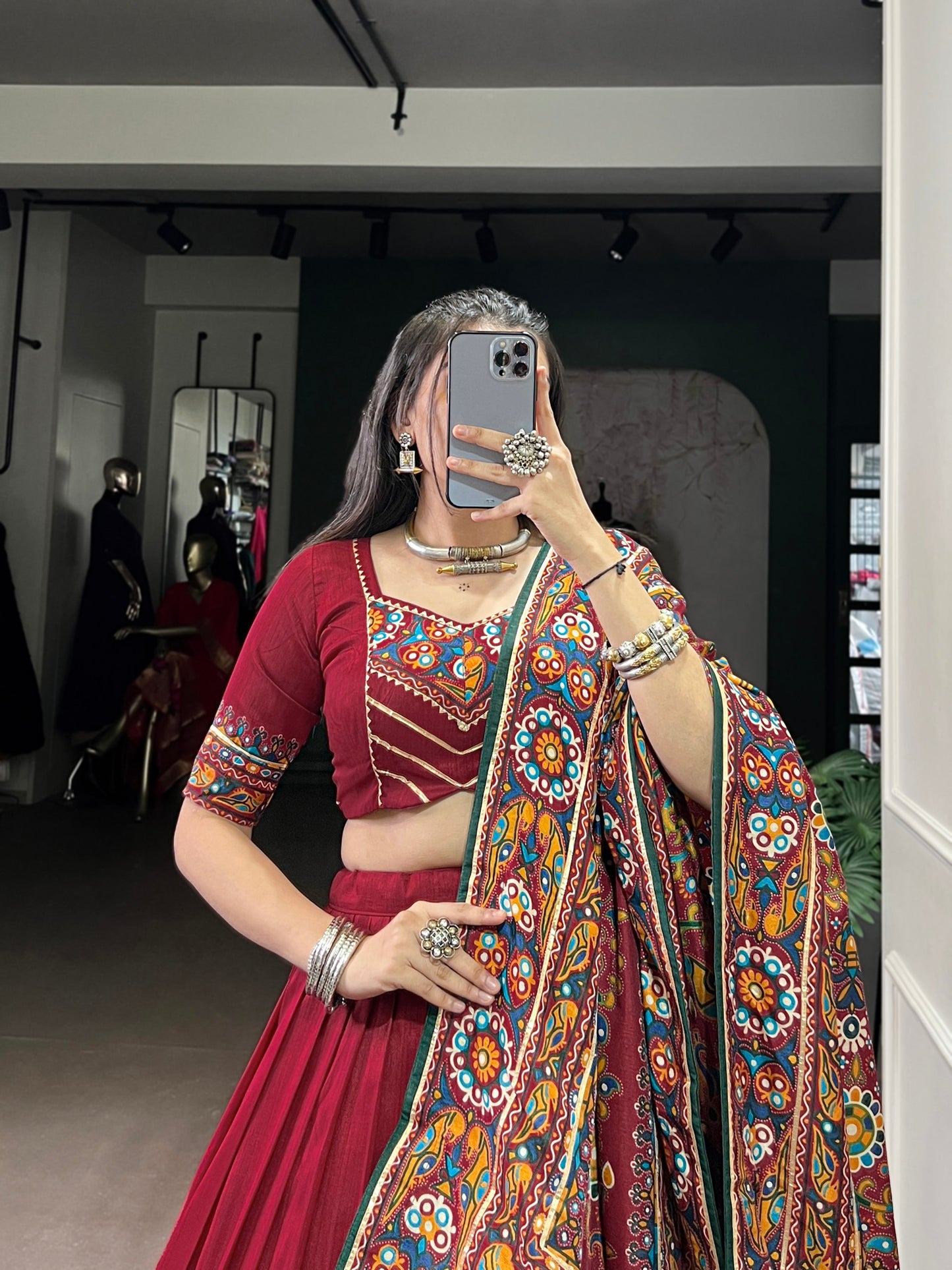 Gamthi Print and Embossed Lace Silk Chaniya Cholis for Navratri Fully Stitched