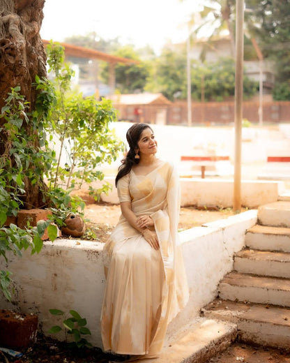 Off White Premium Banarasi Silk Saree with Stitched Blouse options