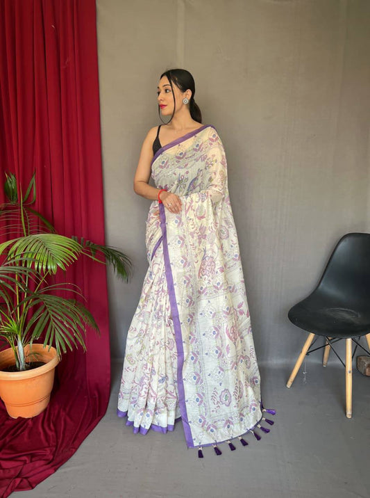 Premium White Cotton Sarees with Katha Prints with Fully Stitched Blouse