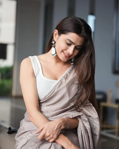 Soft Chinnon Silver grey saree with fully stitched blouse