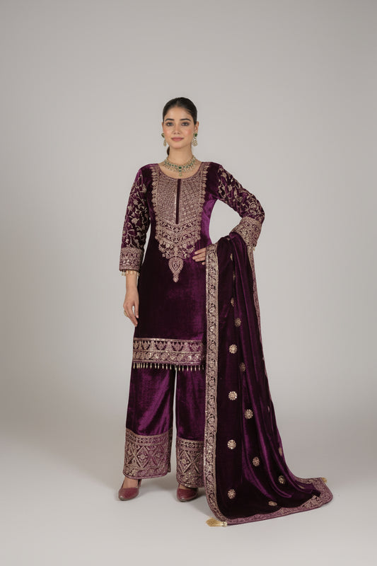 Noor - Wine Premium Velvet Fabric with beautiful Embroidery Suit Fully Stitched