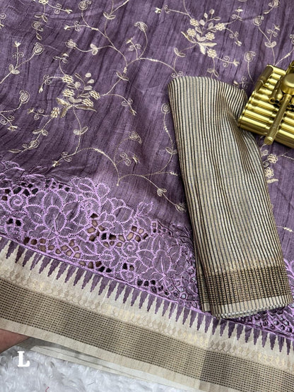 Evika - Premium Tussar Cotton Saree with Cut Work & Stitched Blouse