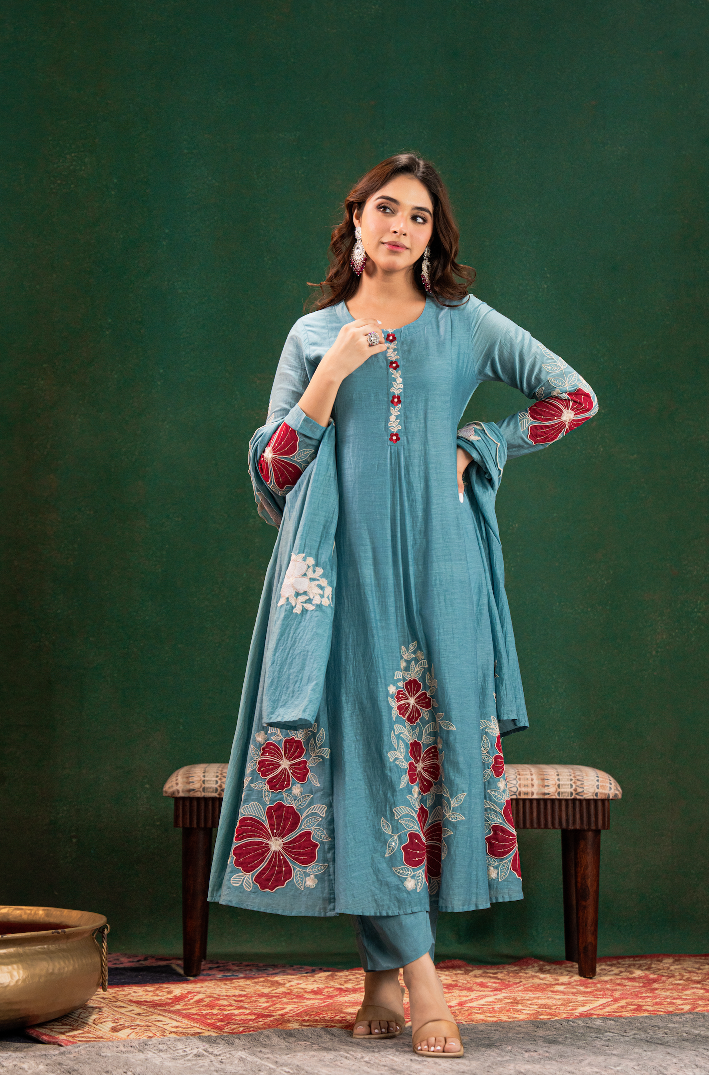 Sea Blue Chanderi Silk Flairer Kurti Set Fully Stitched