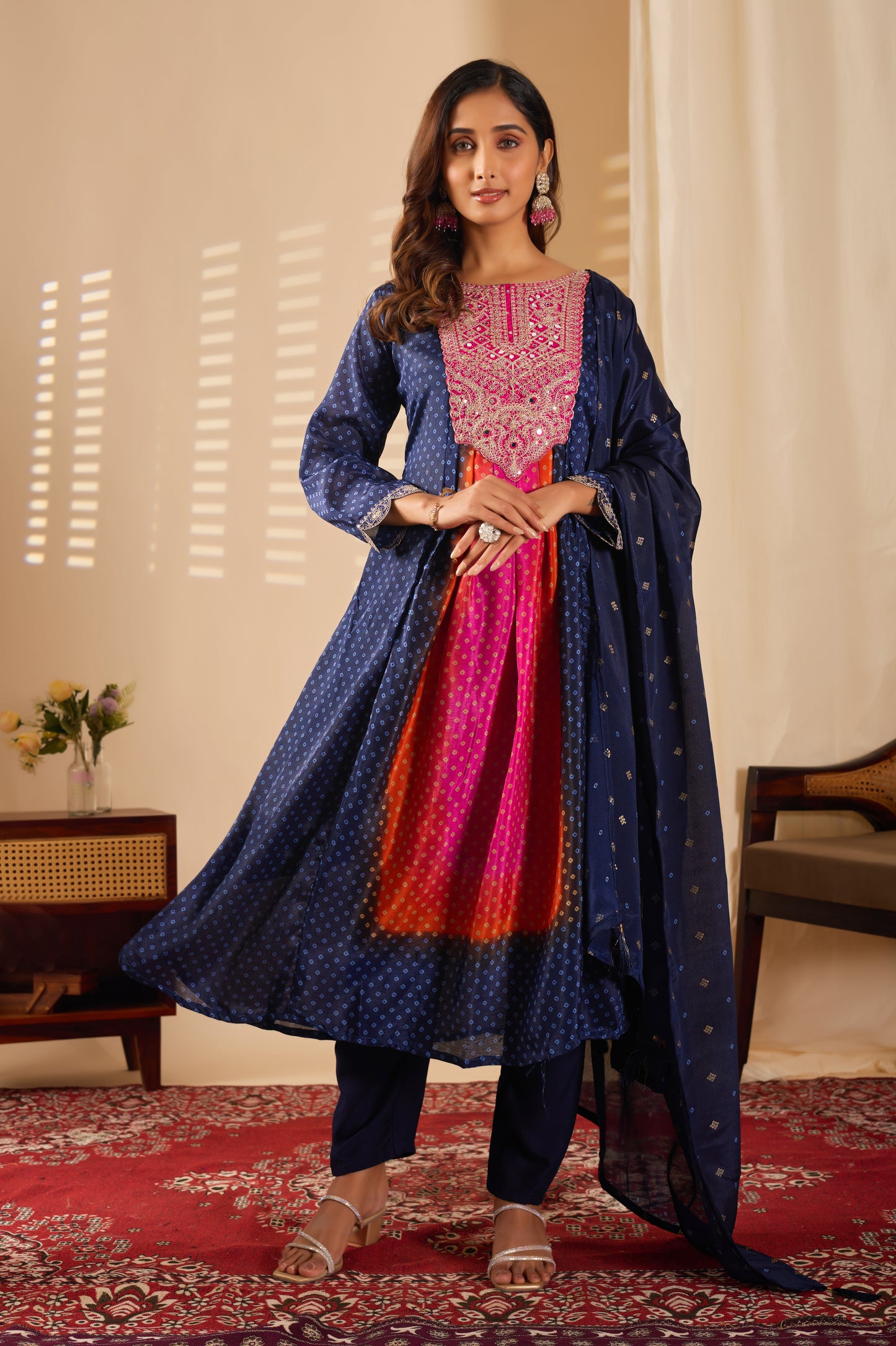 Premium Navy Blue Chinon Silk Kurti Set with Beautiful Embroidery