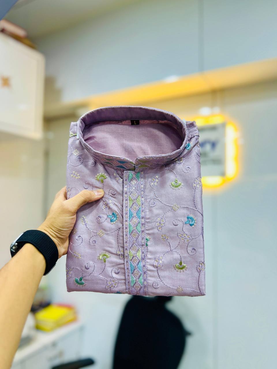 Men's Silk Fabric Floral Embroidered Kurta with Pajama