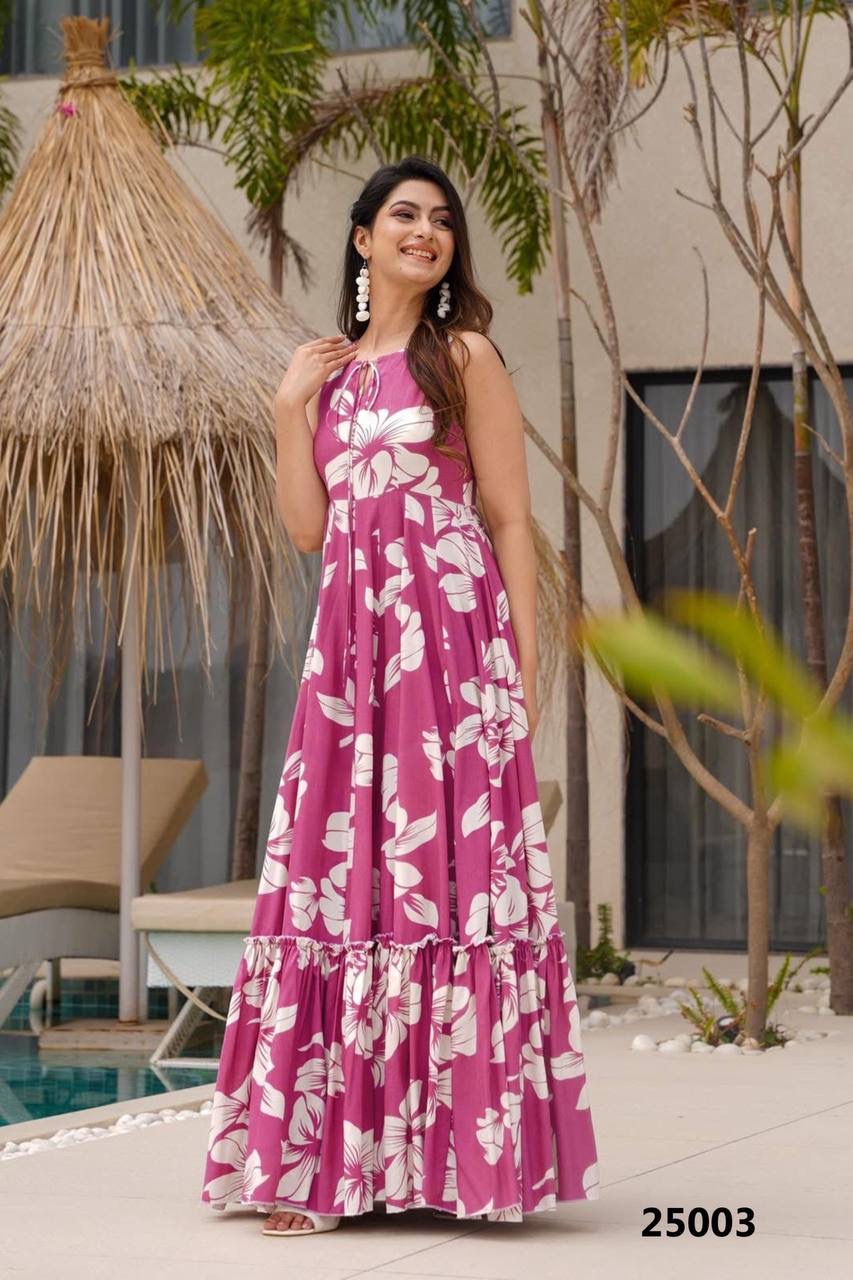 Magenta Pink Floral Soft Rayon Fabric Comfy Casual Gown Fully Stitcheda