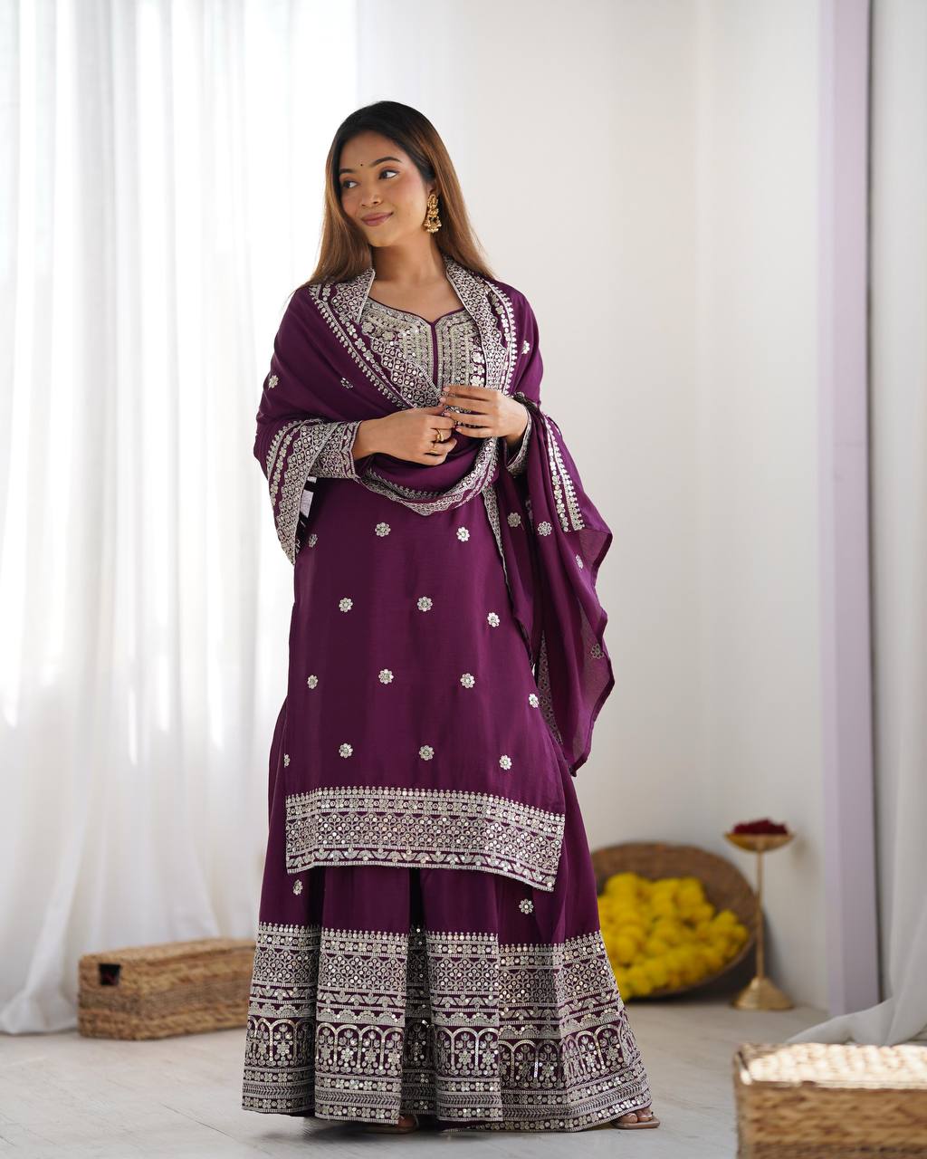 Purple wine Punjabi Sharara set fully stitched