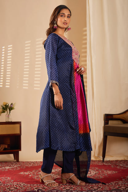 Premium Navy Blue Chinon Silk Kurti Set with Beautiful Embroidery