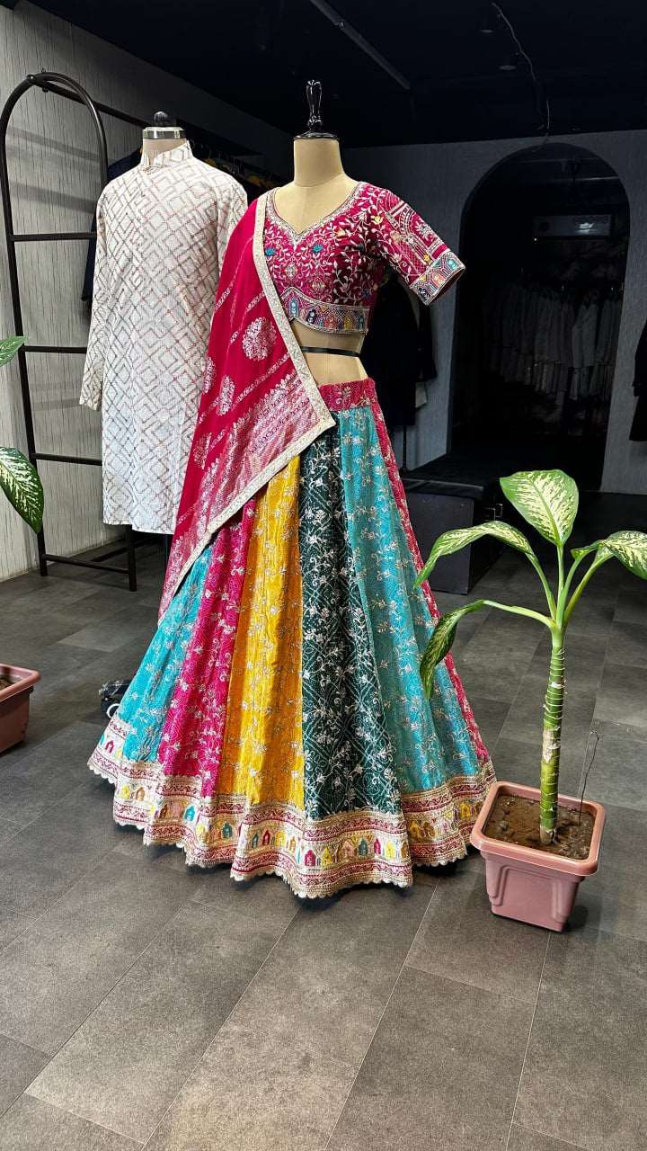 Heavy mono satin colourful fully stitched lehenga with blouse, dupatta and can can