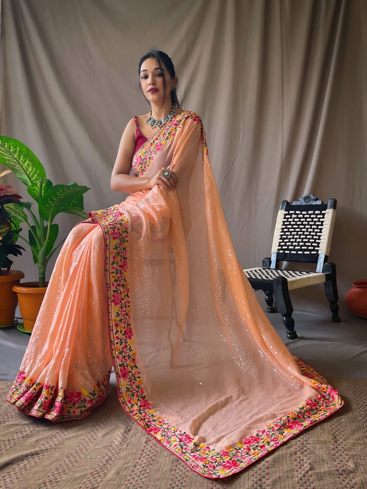 Pure georgette saree with sequence work all over saree with stitched blouse